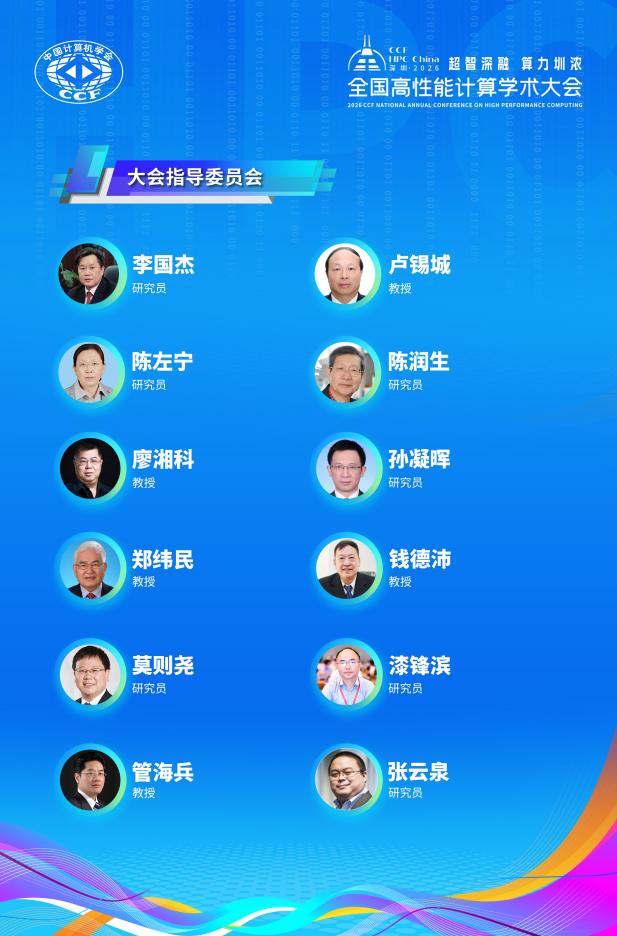 /Users/zhongzhuyou/Desktop/0720大会早鸟注册稿件及配图/图 4 2026 CCF 全国高性能计算学术大会指导委员会图.jpg图 4 2026 CCF 全国高性能计算学术大会指导委员会图